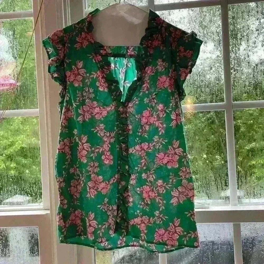 JCREW XS Sleeveless Ruffle Pink Green Top
